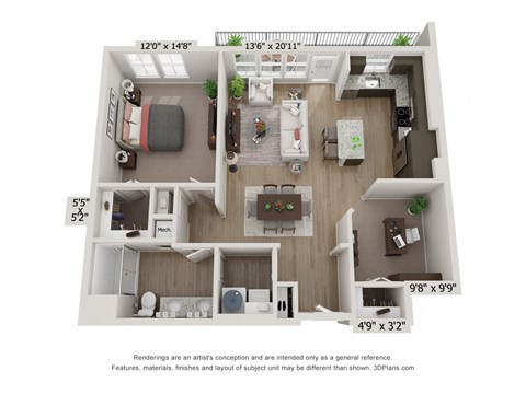 Floor plan for 1 bed, 1 bath, 969 sqft